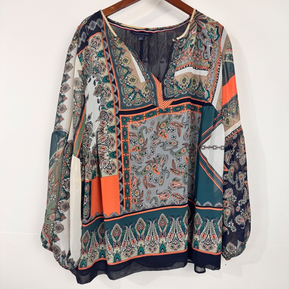 tommy hilfiger blouse womens 3x multi-color long sleeve paisley boho chic top